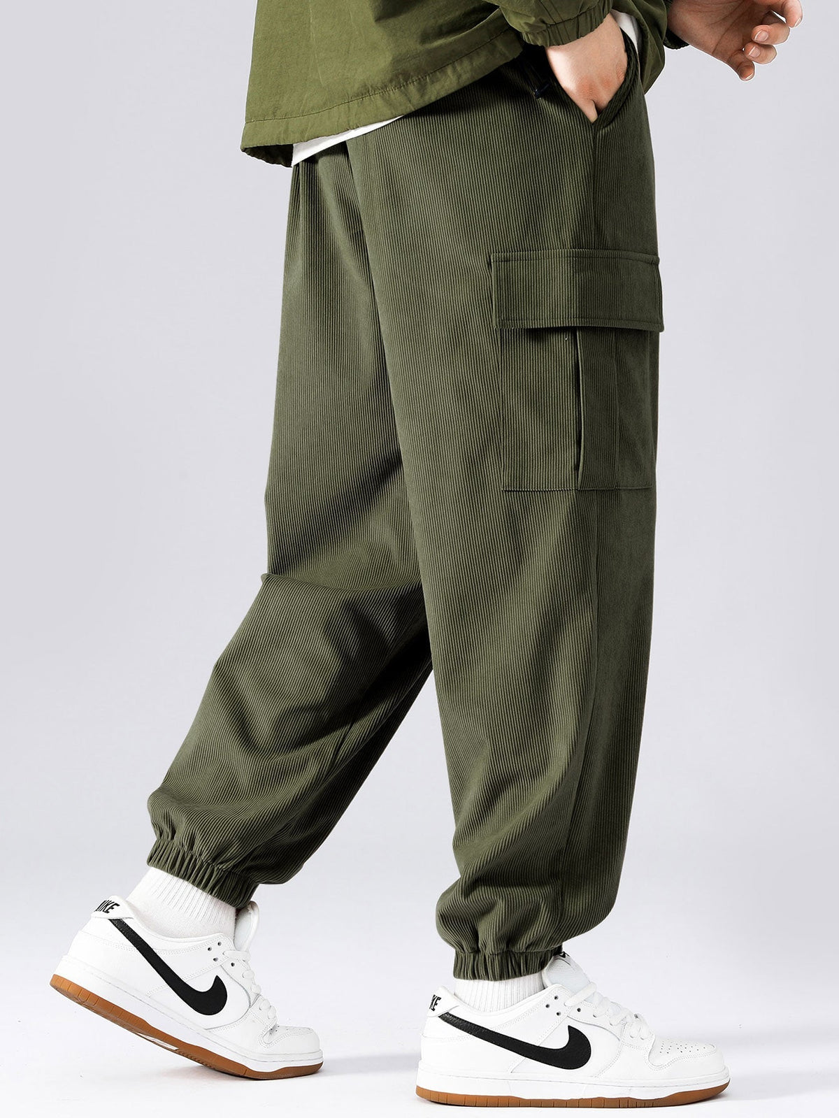 Men's Corduroy Cargo Tracksuit Patchwork Hoodie Set for Casual