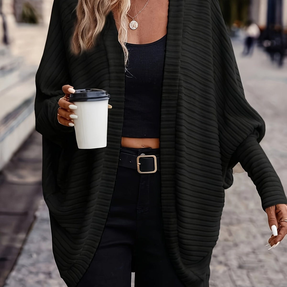 Women's Buttonless Ribbed Drape Cardigan - Black