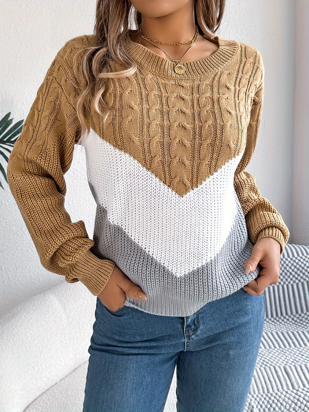 Women's Soft Knit Two-Tone Crew Sweater with Gentle Stretch