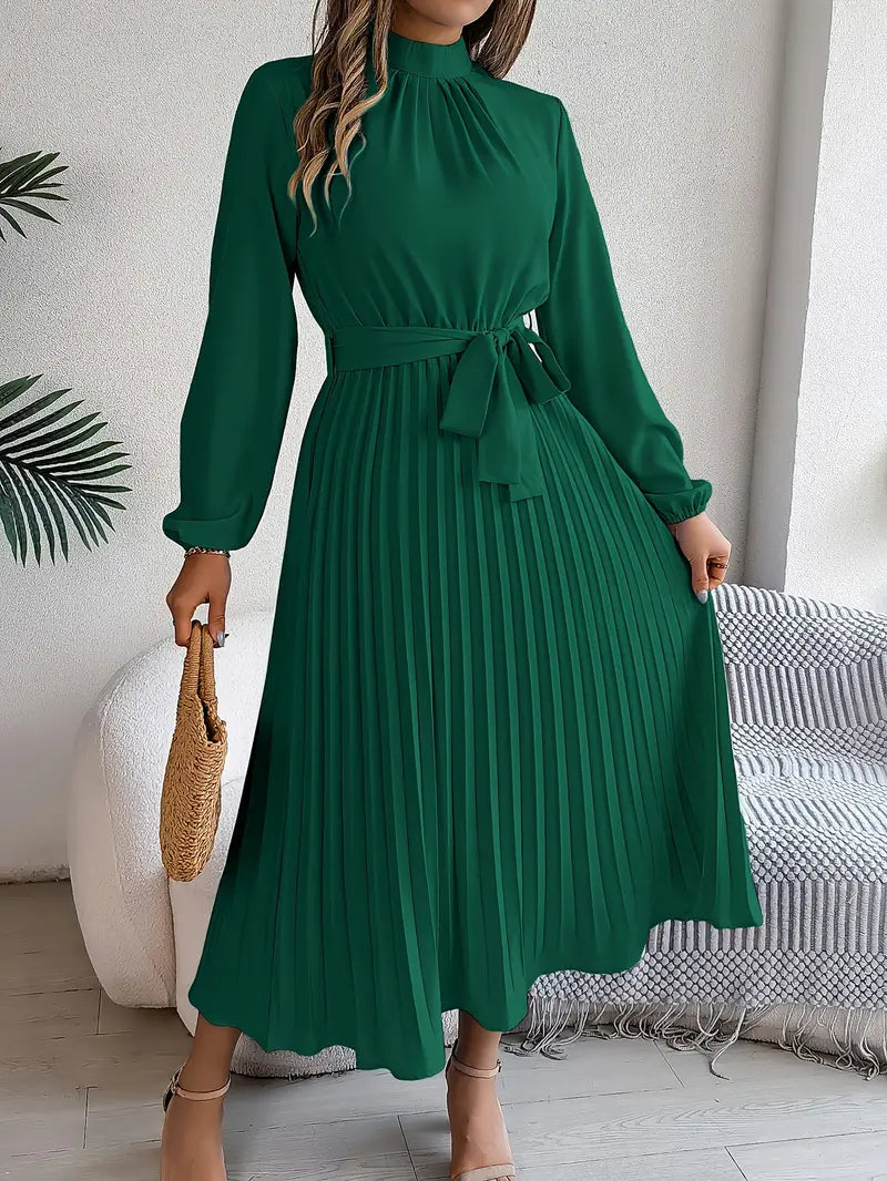 Women's Pleated Midi Dress with High Neck Tie