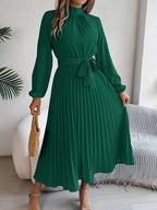 Women's Pleated Midi Dress with High Neck Tie