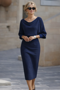 Women's Relaxed Cowl Drape Midi Dress with Loose Sleeves - Navy Blue
