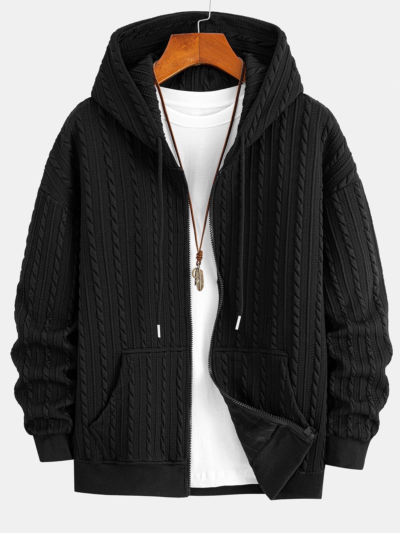 Men's Textured Zip Hoodie Tracksuit Jacquard Straight Leg Set