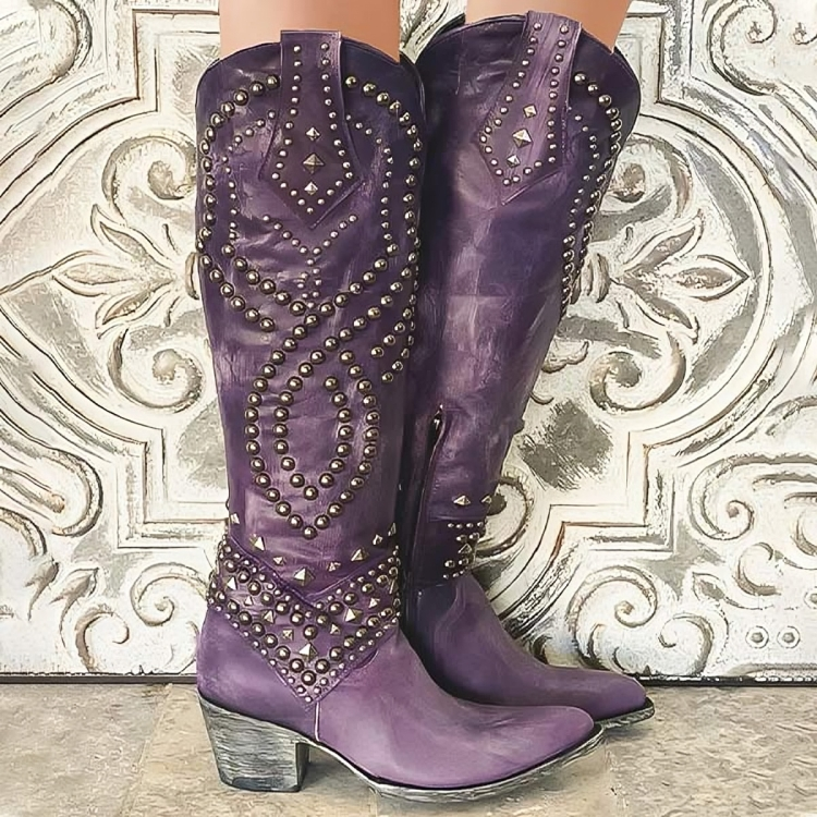 Women's Tall Studded Cowgirl Boots for Concerts and Weekends - Purple