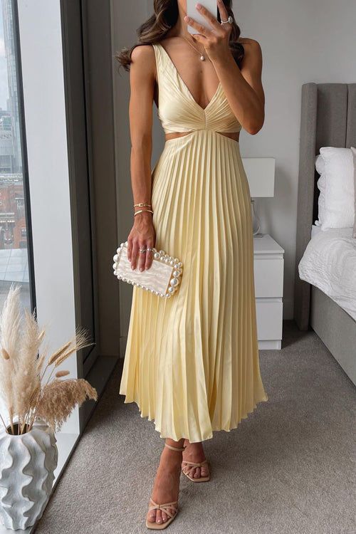 Women's Pleated Cut-Out V-Neck Evening Maxi Dress