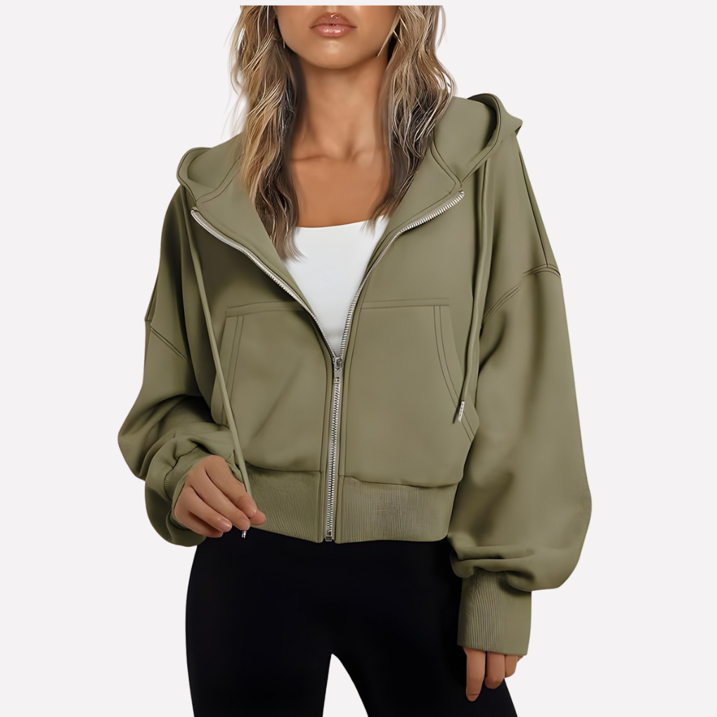 Women's Zip Hoodie Relaxed Fit Cropped Drawstring Jacket