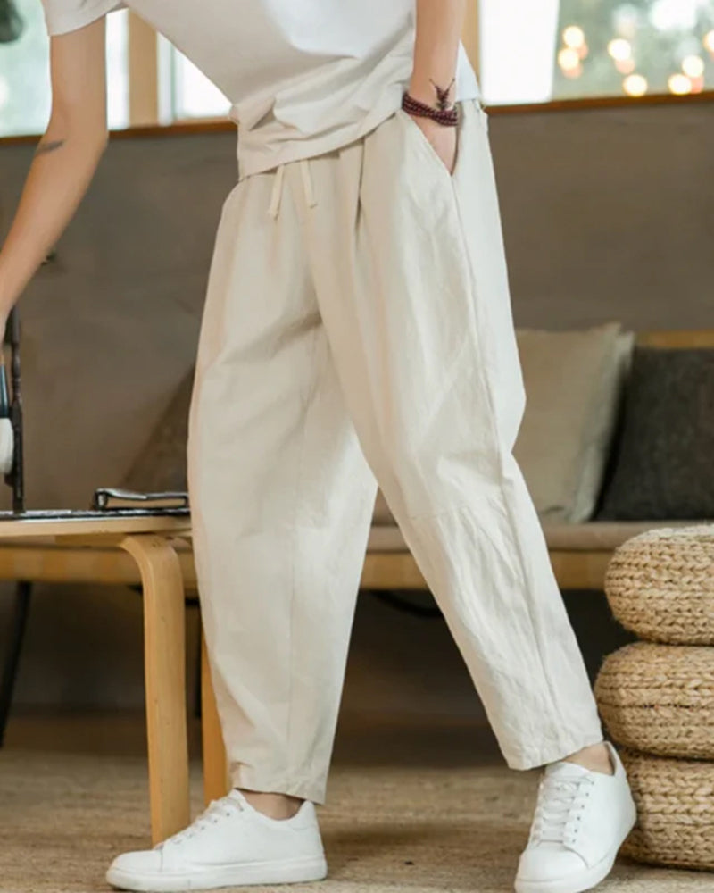 Men's Relaxed Drawstring Tapered Cotton Trousers