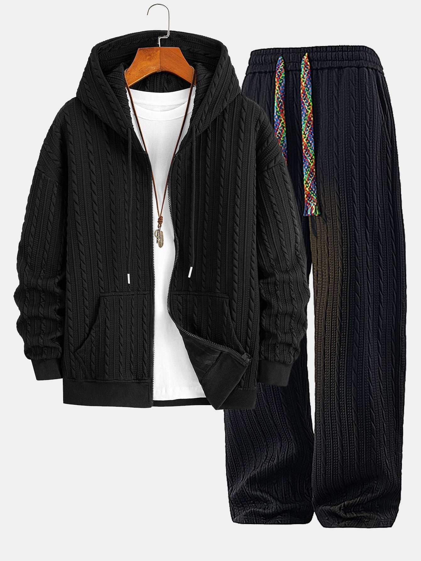 Men's Textured Zip Hoodie Tracksuit Jacquard Straight Leg Set