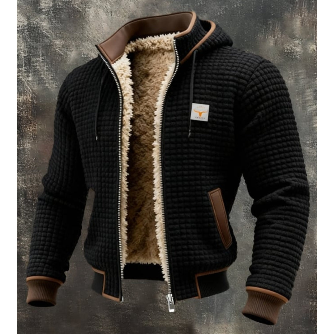 Men's Contrast-Trim Quilted Hooded Jacket with Fleece Lining - Black
