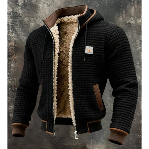 Men's Contrast-Trim Quilted Hooded Jacket with Fleece Lining - Black