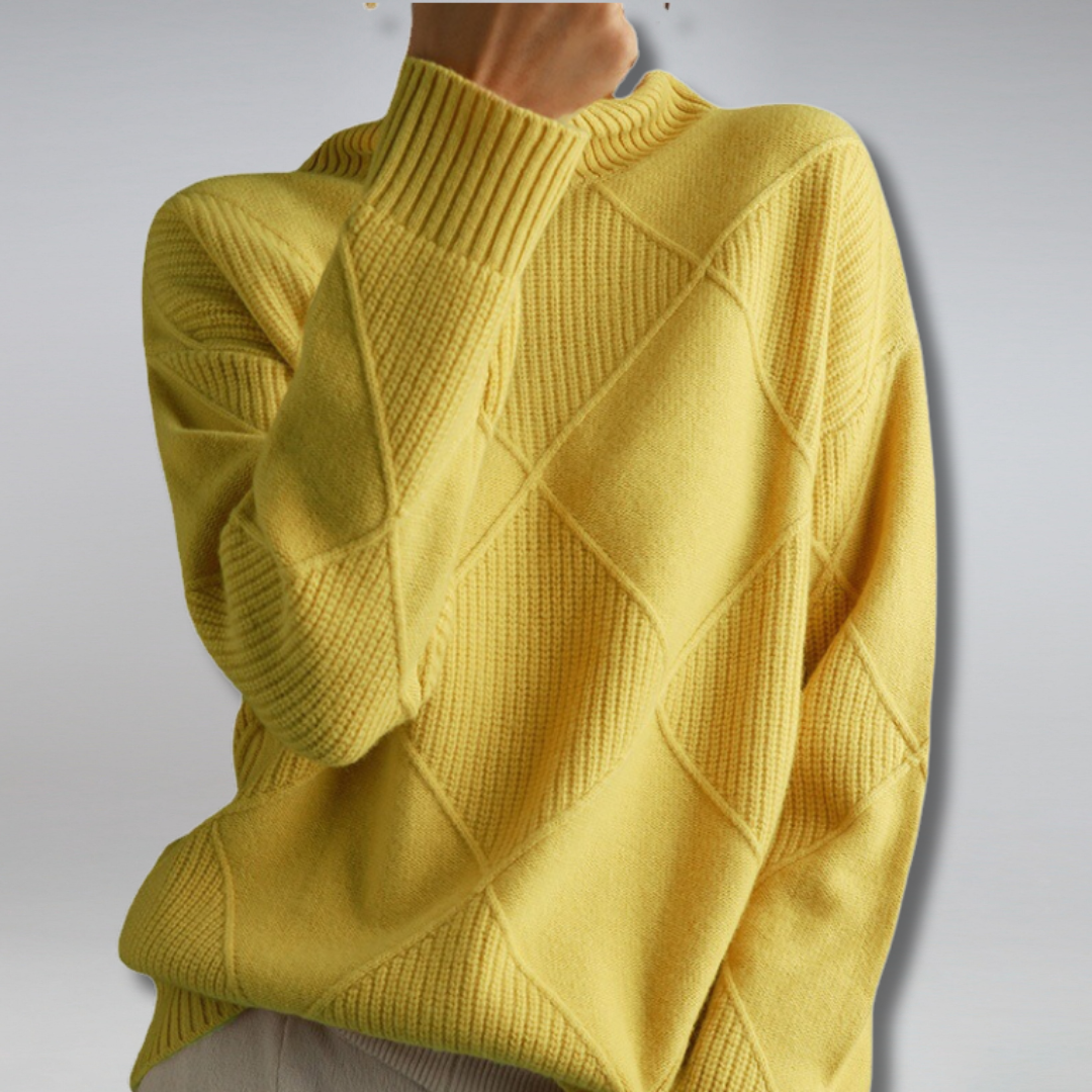 Women's Diamond Knit Turtleneck Pullover in Warm Wool Blend - Yellow