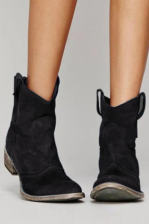 Women's Vintage Western Suede Booties with Stacked Heel - Black