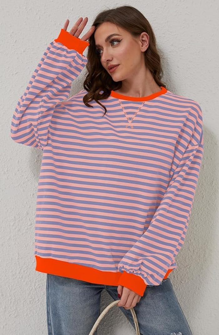Women's Oversized Striped Sweatshirt Relaxed Balloon Sleeve Pullover