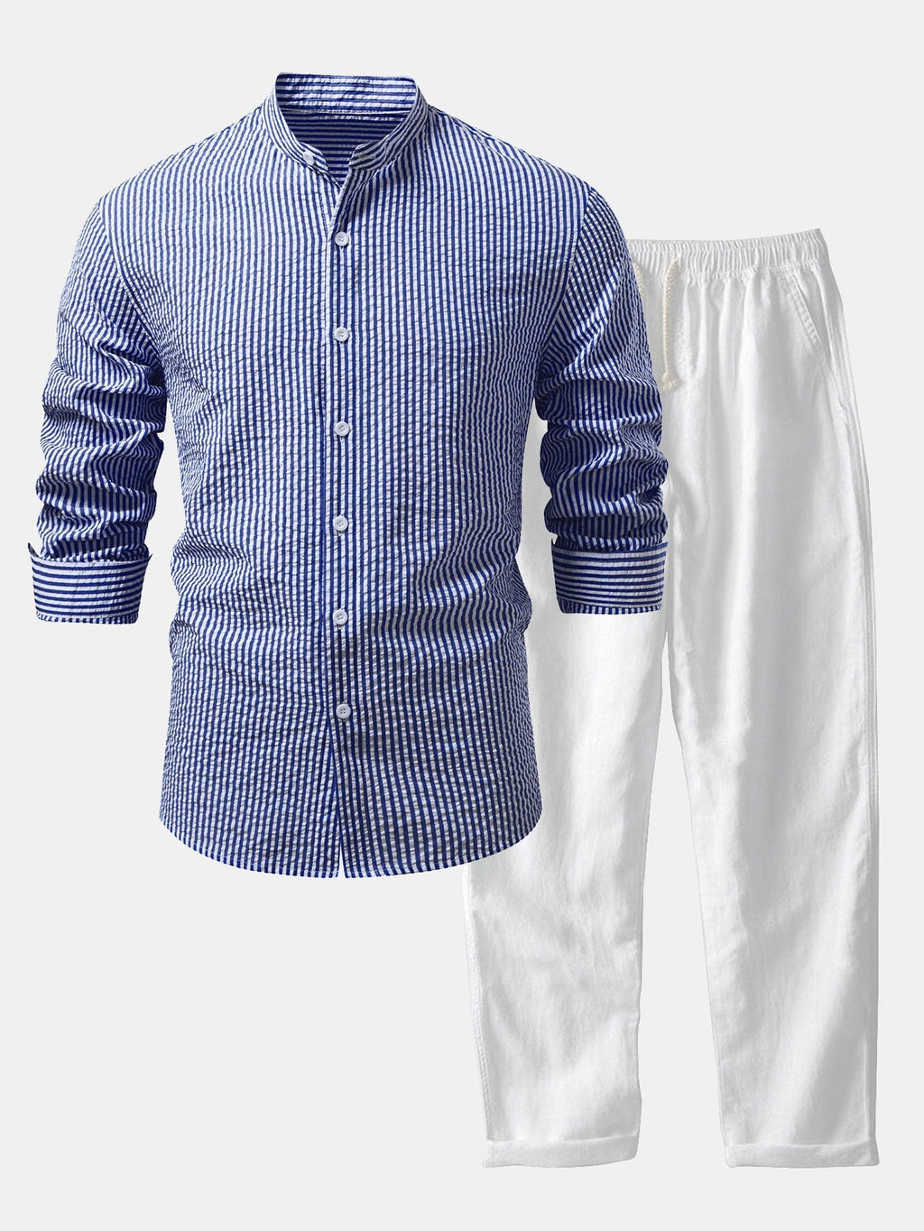 Men's Lightweight Stand Collar Co Ord Seersucker Shirt Linen