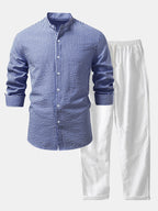 Men's Lightweight Stand Collar Co Ord Seersucker Shirt Linen