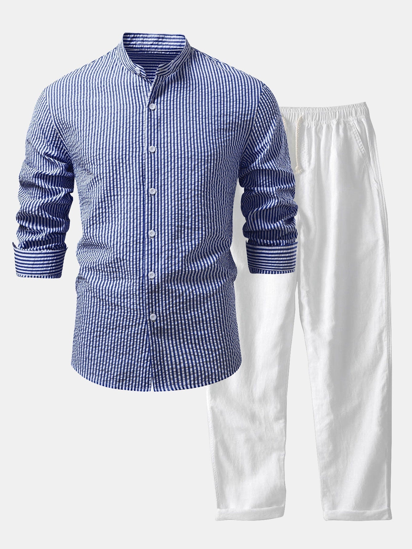 Men's Lightweight Stand Collar Co Ord Seersucker Shirt Linen