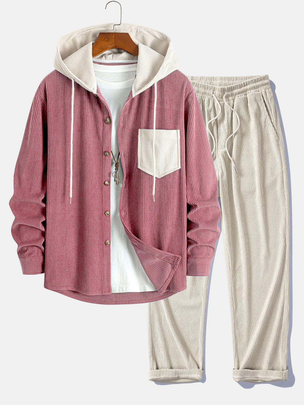 Men's Relaxed Corduroy Two-Piece Hooded Weekend Set - Pink/Cream
