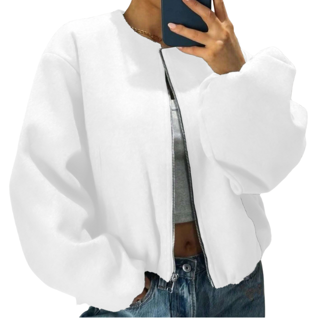 Women's Balloon-Sleeve Short Bomber Jacket - White