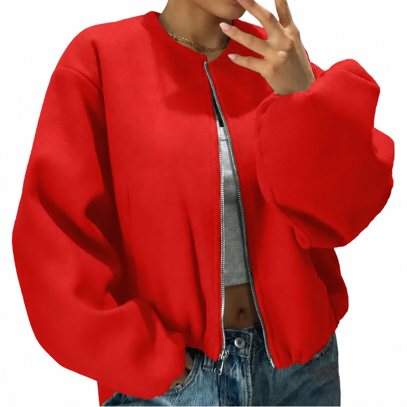 Women's Balloon-Sleeve Short Bomber Jacket - Red