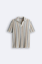 Men's Textured Knitted Stripe Polo Relaxed Summer Shirt