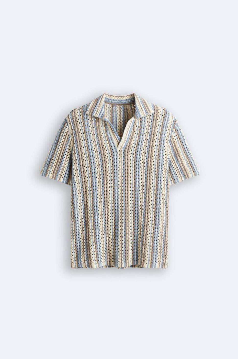 Men's Textured Knitted Stripe Polo Relaxed Summer Shirt