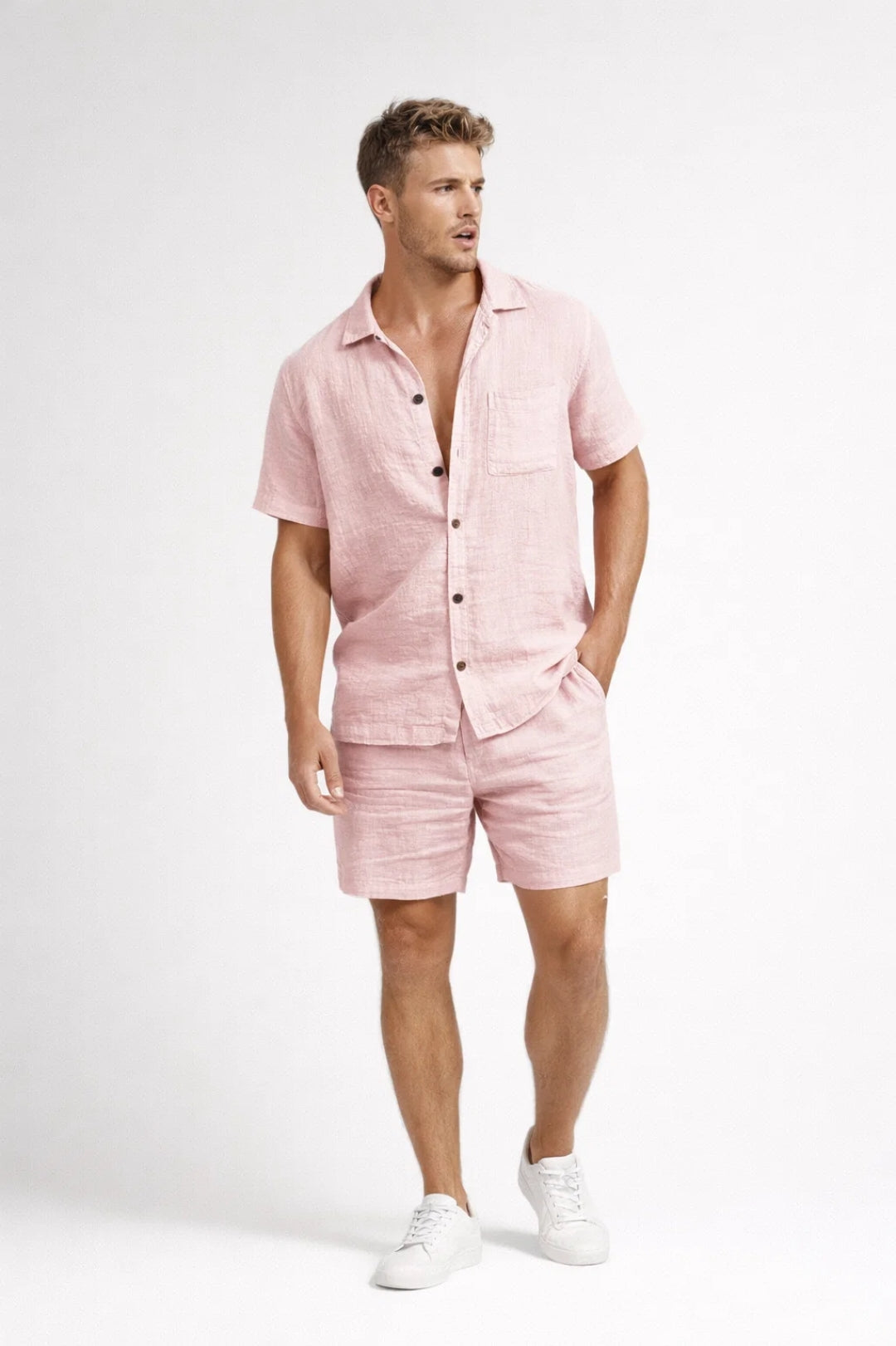 Men's Short Sleeve Linen Shirt and Shorts Summer Set