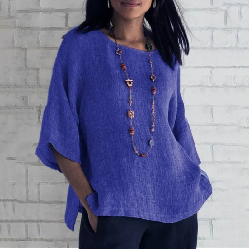 Women's Relaxed-Fit V-Neck 3/4 Sleeve Linen Tunic