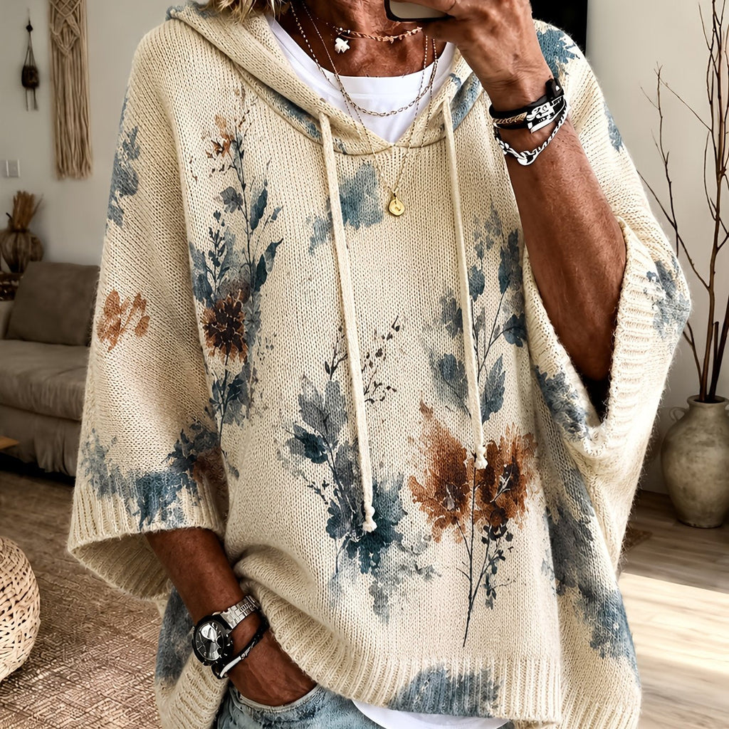 Women's Drawstring Hood Floral Knit Poncho Sweater - Apricot
