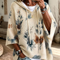 Women's Drawstring Hood Floral Knit Poncho Sweater - Apricot