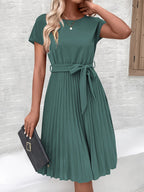 Women's Pleated Midi Dress Tie Waist Short Sleeve