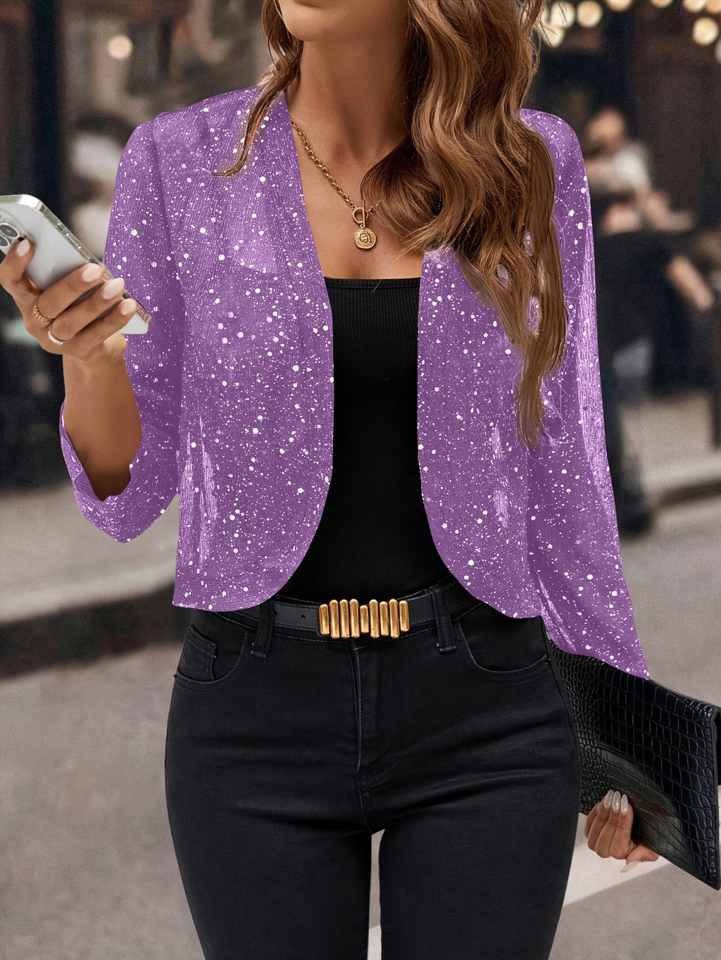 Women's Metallic Knit Open-Front Short Jacket