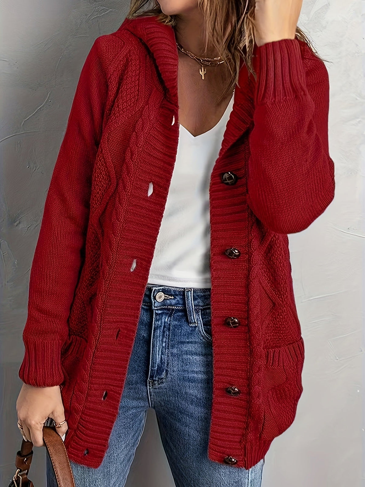 Women's Fleece-Lined Button-Up Hooded Knit Cardigan
