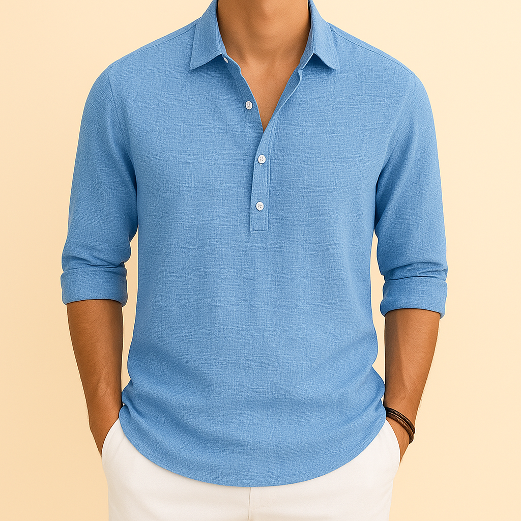 Men's Long Sleeve Polo Shirt Relaxed Fit Button Neck