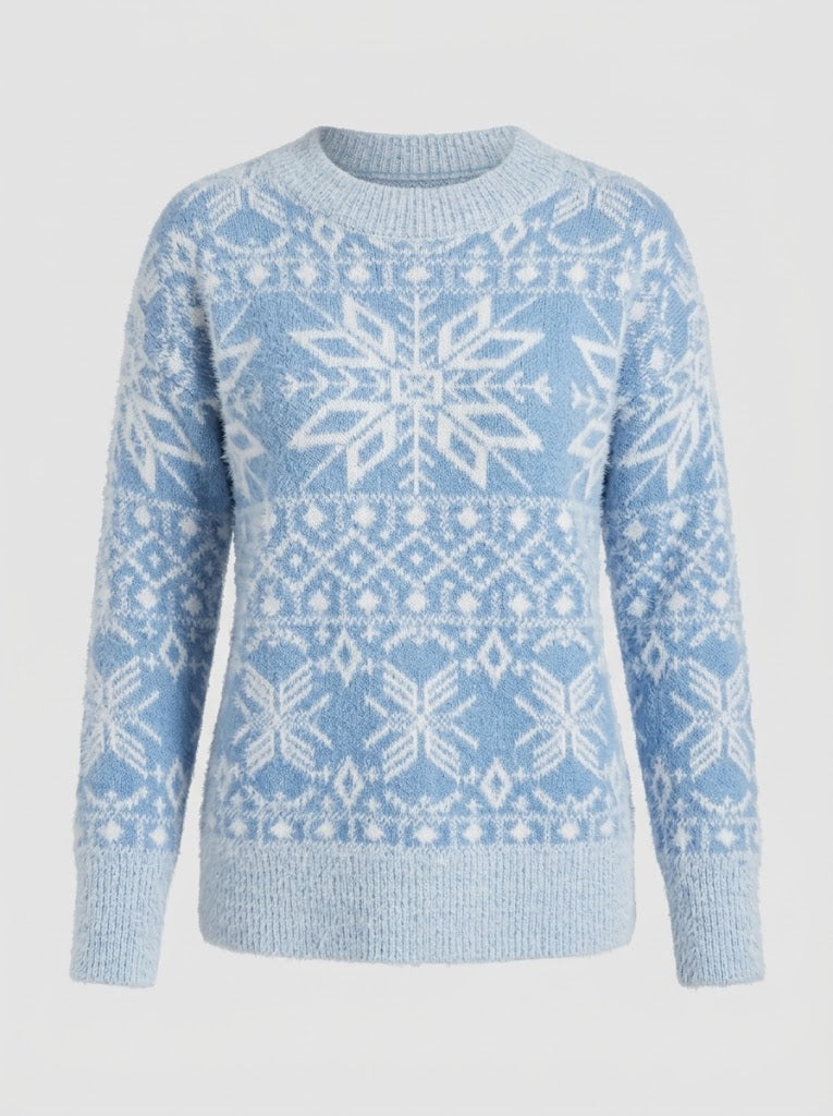 Women's Snowflake Crew Neck Winter Sweater with Ribbed Edges - Light Blue