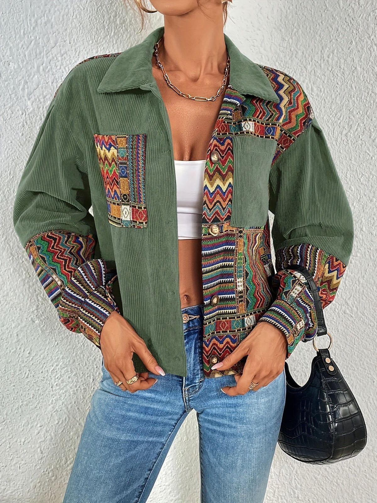 Women's Green Patchwork Jacket with Button Front