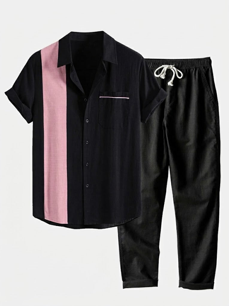 Men's Cotton Shirt and Linen Blend Trousers Set Lightweight