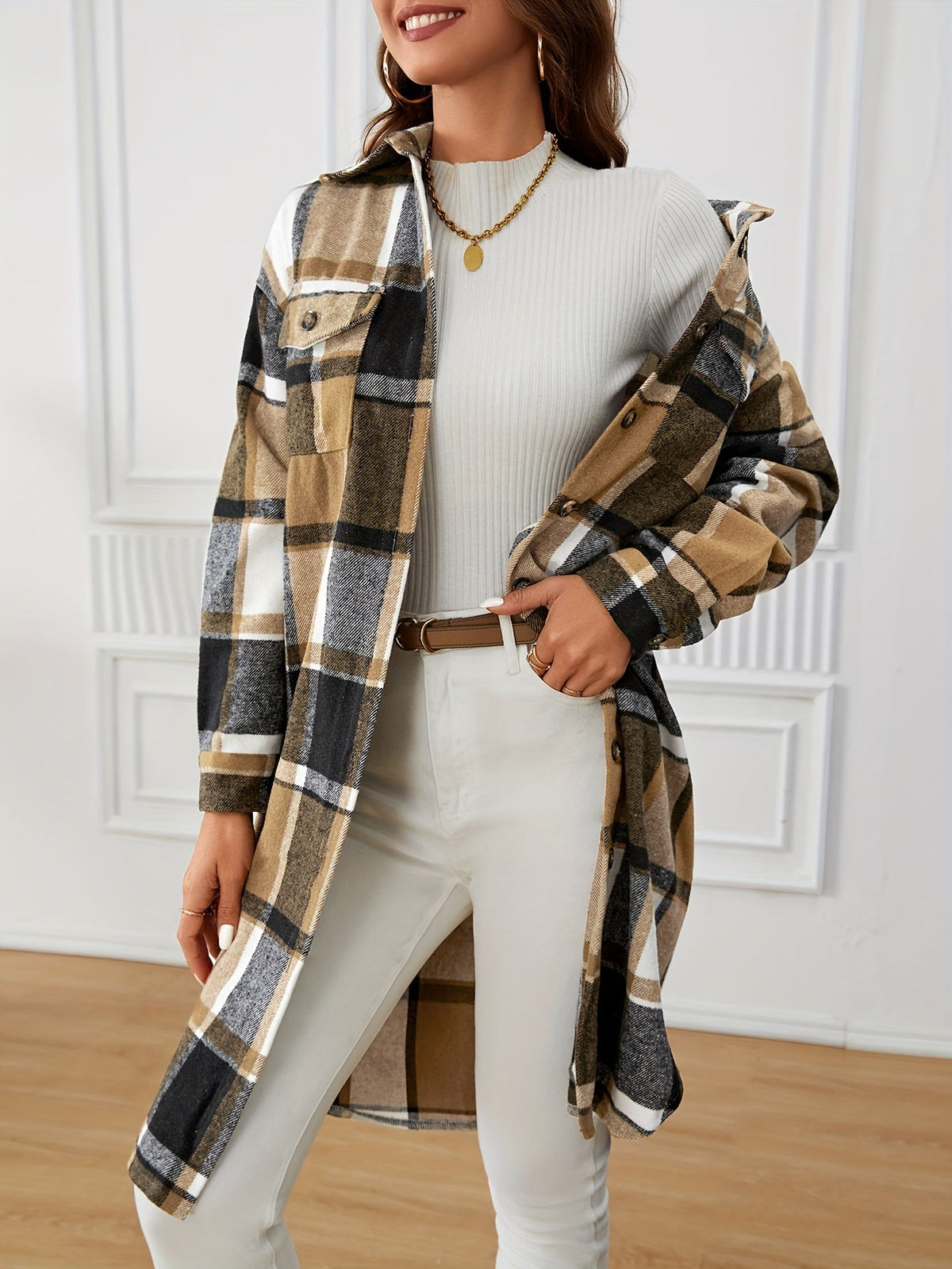 Women's Classic Check Button-Front Longline Coat