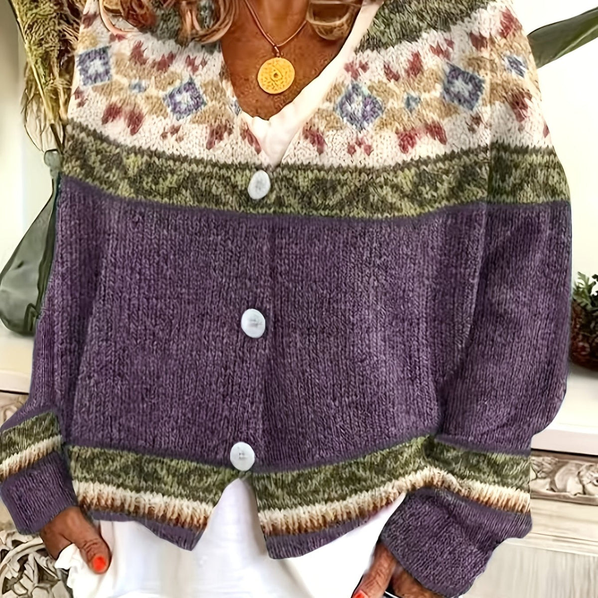 Women's Button-Up Cardigan with Retro Geometric Yoke - Deep Purple