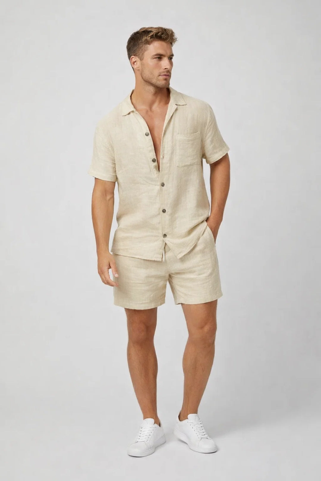 Men's Short Sleeve Linen Shirt and Shorts Summer Set