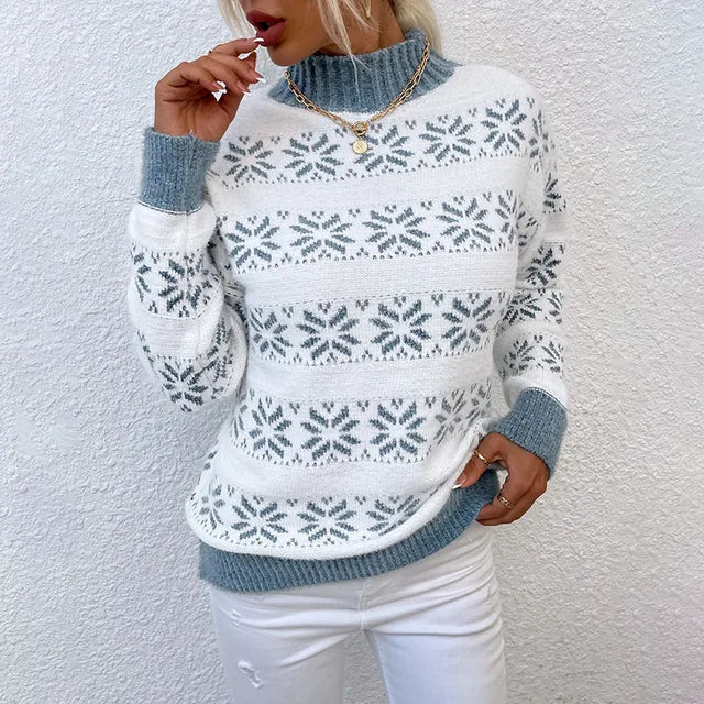 Women's Snowflake Knit Mock Neck Sweater with Contrast Ribbing - Light Blue