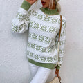Women's Snowflake Knit Mock Neck Sweater with Contrast Ribbing - Green