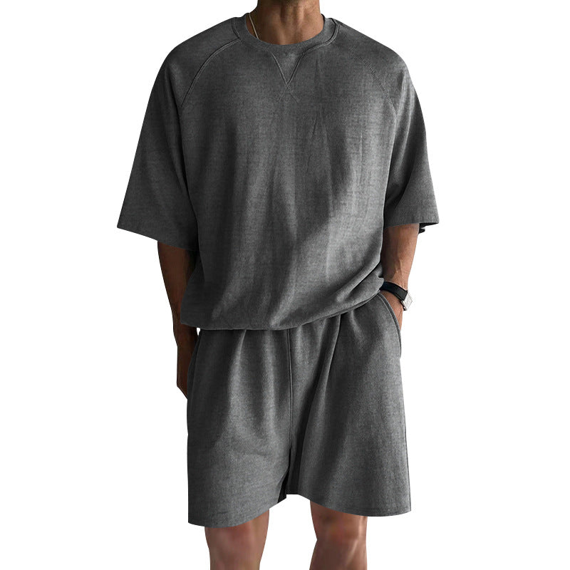 Men's Terry Drawstring Shorts and Relaxed Raglan T Shirt