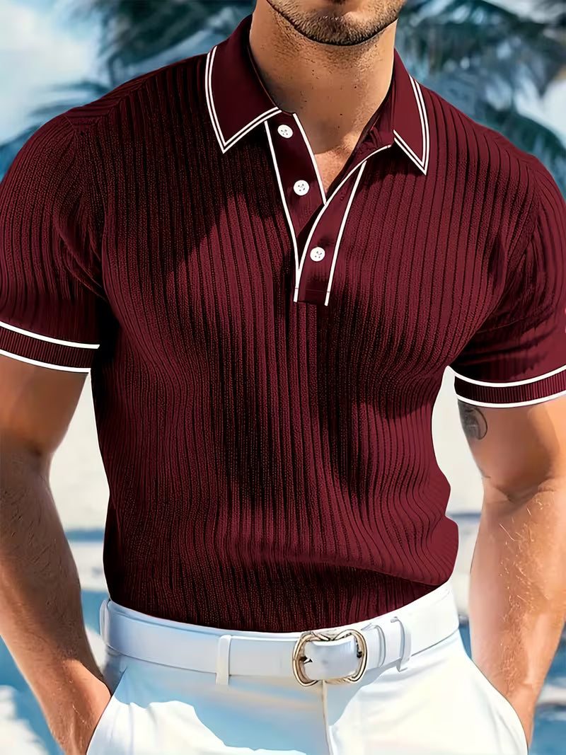 Men's Two-Tone Block Knit Polo with Short Sleeves - Red