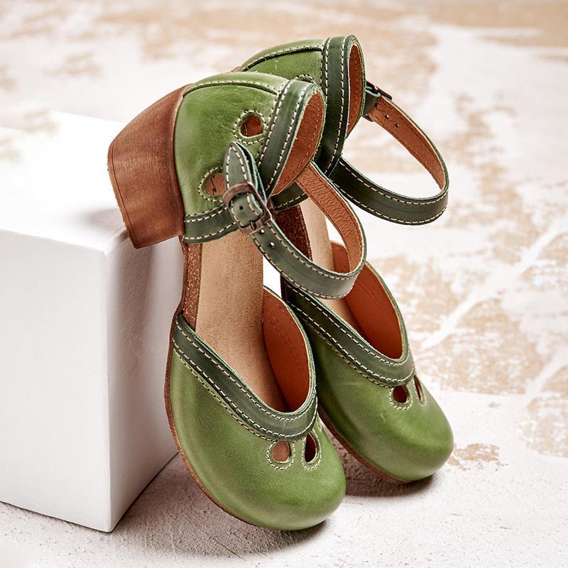 Women's Contrast-Panel Ankle Strap Flats with Cutout Details - Green