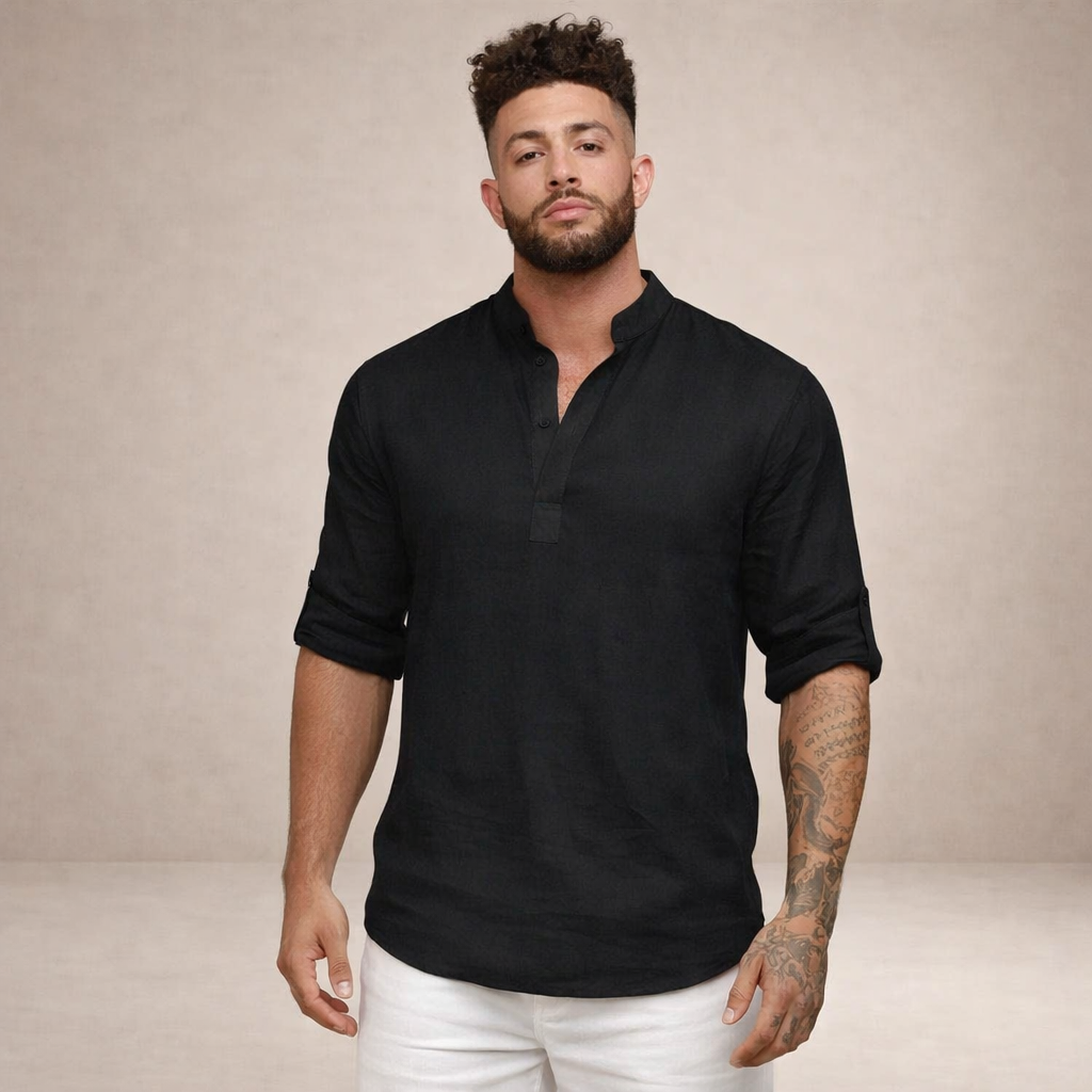 Men's Linen Shirt Open Placket Roll Sleeve Resort Fit