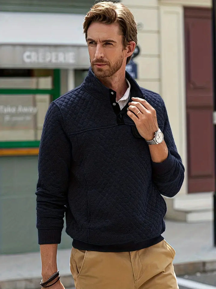 Men's Quilted Pullover Sweater with Buttoned Stand Collar