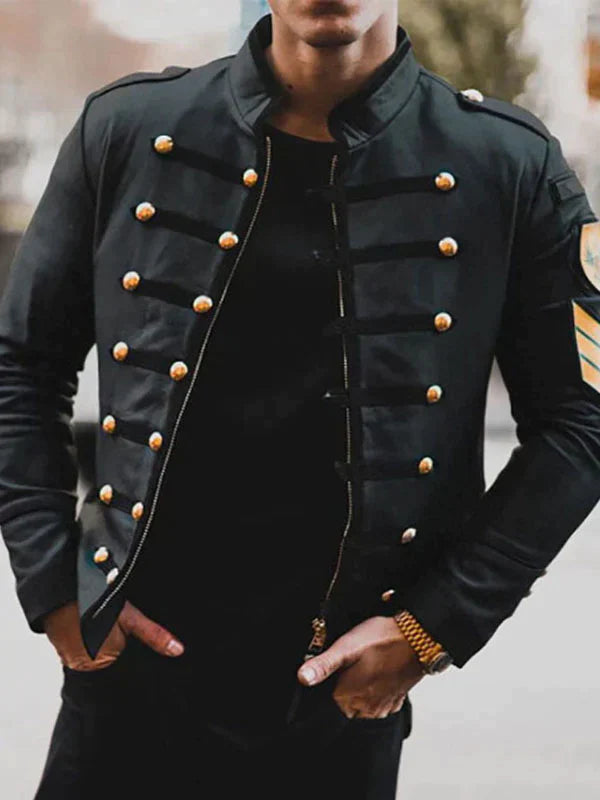 Men's Military Style Stand Collar Jacket with Button Accents