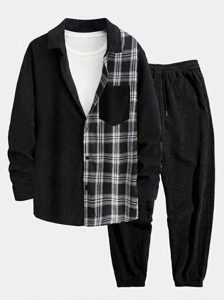 Men's Corduroy Button Shirt with Jogger Trousers Relaxed Autumn