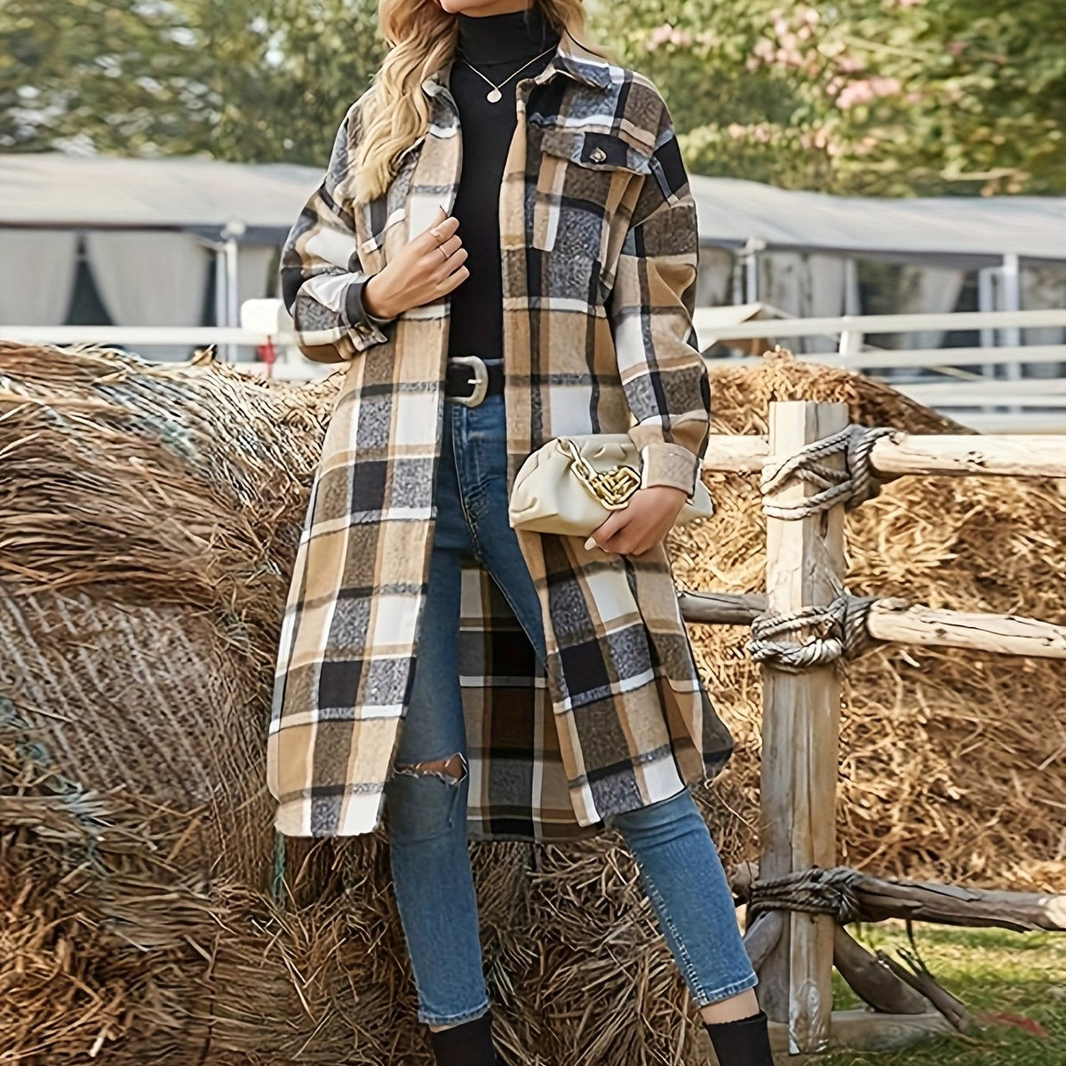 Women's Classic Check Button-Front Longline Coat - Khaki