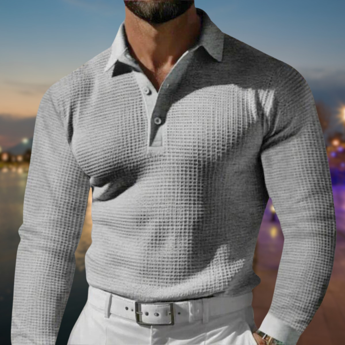 Men's Textured Long Sleeve Polo Shirt with Button Placket